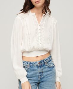 LS LACE TRIM SMOCKED BLOUSE | OFF WHITE