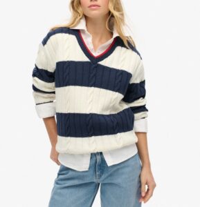 SUPERDRY OVIN STRIPE OVERSIZED CABLE V NECK ΓΥΝΑΙΚΕΙΟ | DARK BLUE