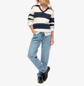 SUPERDRY OVIN STRIPE OVERSIZED CABLE V NECK ΓΥΝΑΙΚΕΙΟ | DARK BLUE