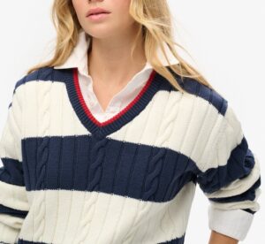 SUPERDRY OVIN STRIPE OVERSIZED CABLE V NECK ΓΥΝΑΙΚΕΙΟ | DARK BLUE