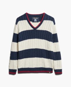 SUPERDRY OVIN STRIPE OVERSIZED CABLE V NECK ΓΥΝΑΙΚΕΙΟ | DARK BLUE