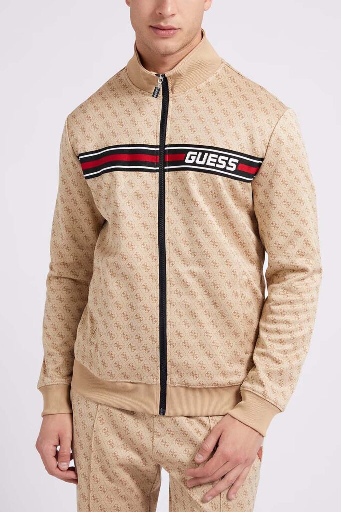 GUESS ATH KORBIN FULL ZIP TRAC- PRINTED DOUBLE KNIT ECO | BEIGE