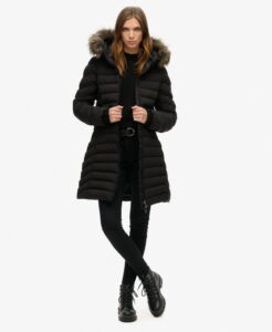 SUPERDRY OVIN FUJI FAUX FUR HOOD MID LENGTH ΜΠΟΥΦΑΝ ΓΥΝ | BLACK