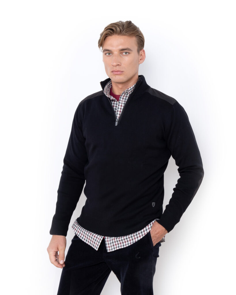 THE BOSTONIANS ΠΛΕΚΤΟ ΒΑΜΒΑΚΕΡΟ HALF-ZIP REGULAR FIT | BLACK