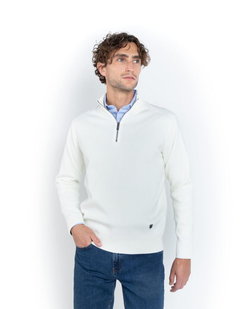 THE BOSTONIANS ΠΛΕΚΤΟ ΒΑΜΒΑΚΕΡΟ HALF-ZIP REGULAR FIT | OFF WHITE