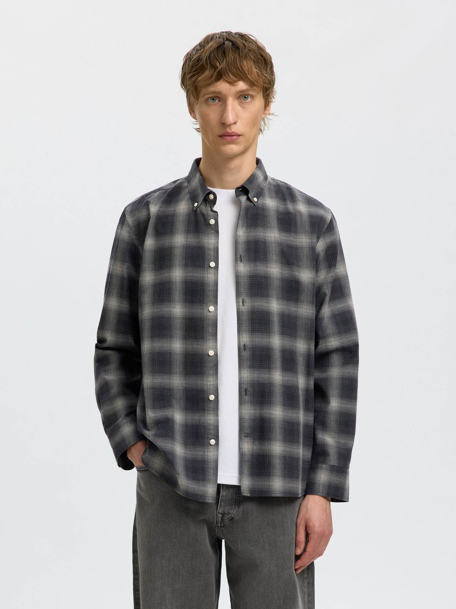 SLMCOLE-JAY MELANGE REG LS SHIRT NOOS | DARK GREY