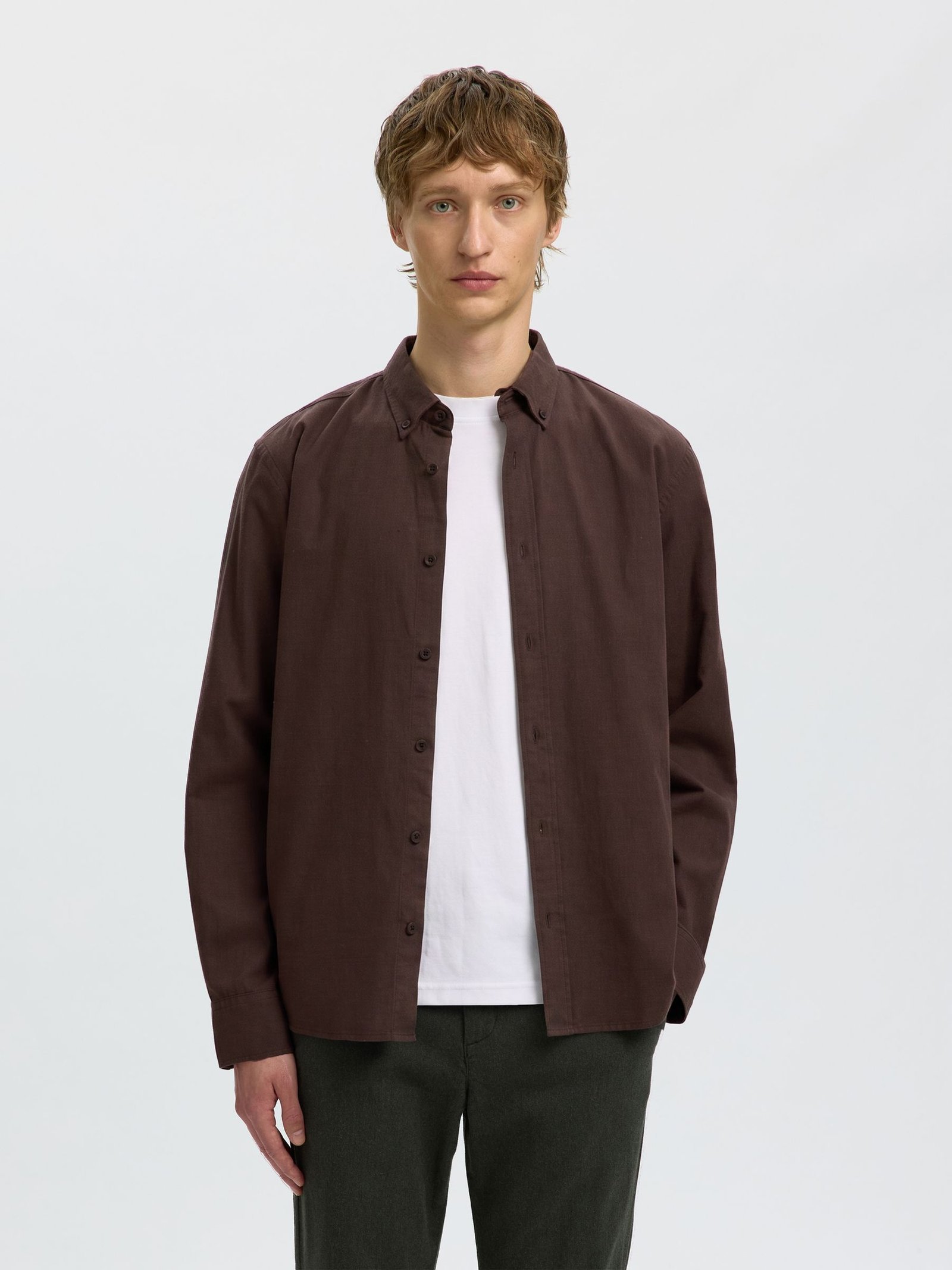 SLMCOLE-JAY MELANGE REG LS SHIRT NOOS | BROWN