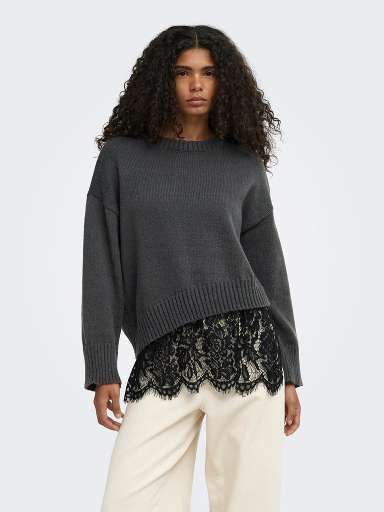 ONLEVIE LS LACE MIX O-NECK KNT | DARK GREY